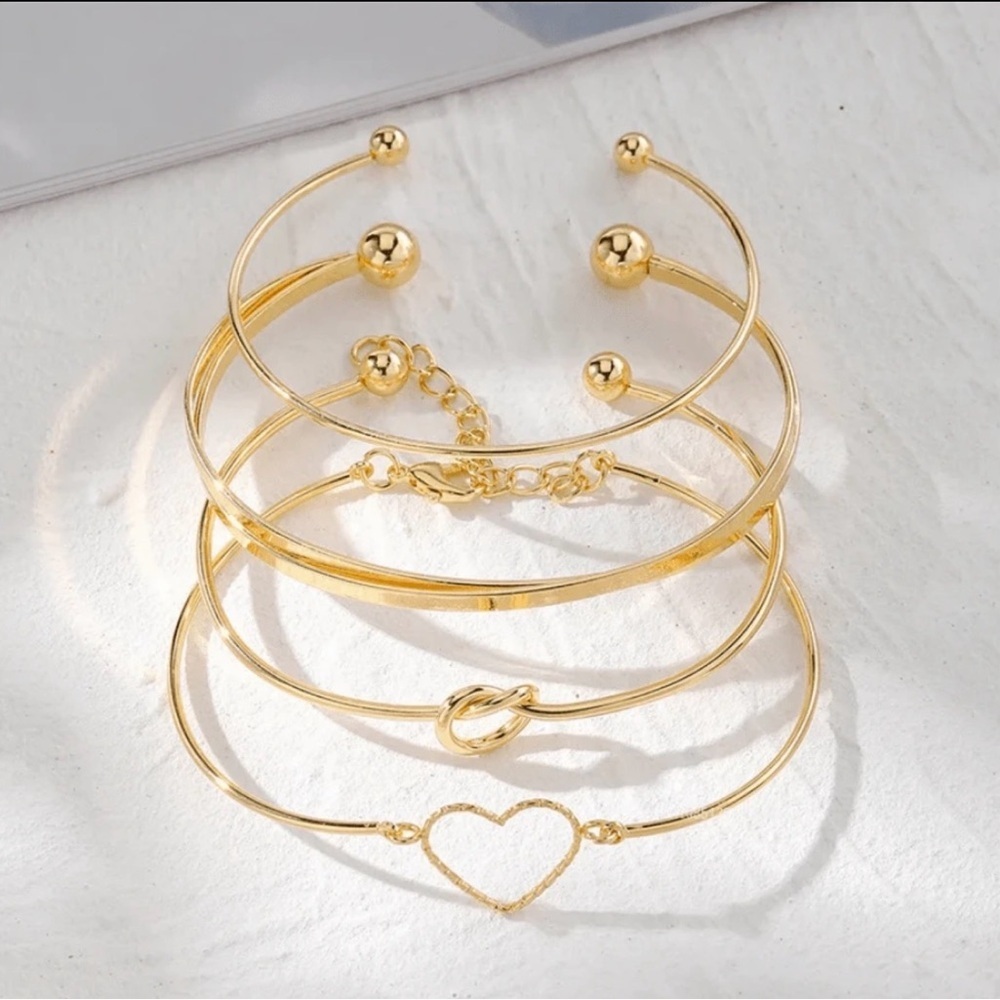 Set of 4 Stackable Gold Bracelets, Love Knot Bracelets and Heart boho jewelry - Picture 2 of 6